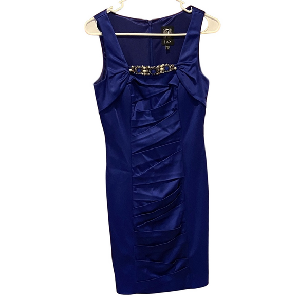 Jax Dresses & Skirts - Jax Royal Blue Satin Beaded Knee Length Formal Sheath Dress Size 6